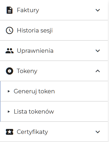 Menu nawigacyjne — sekcja Tokeny